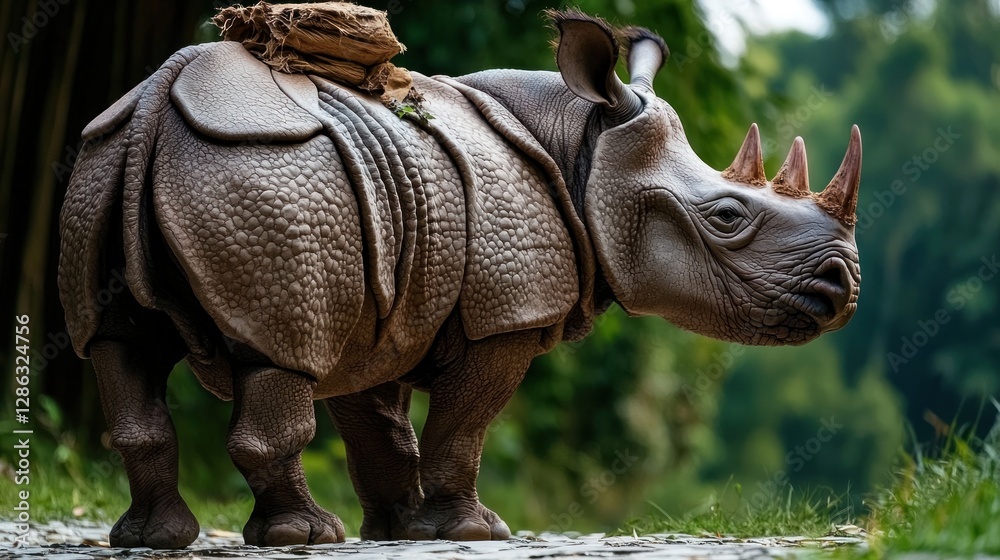 Fototapeta premium A realistic sculpture of a rhinoceros positioned on a stone path surrounded by lush greenery