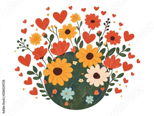 Colorful floral illustration with hearts symbolizing love and affection, featuring vibrant flowers like sunflowers, daisies, and red hearts on a green background
