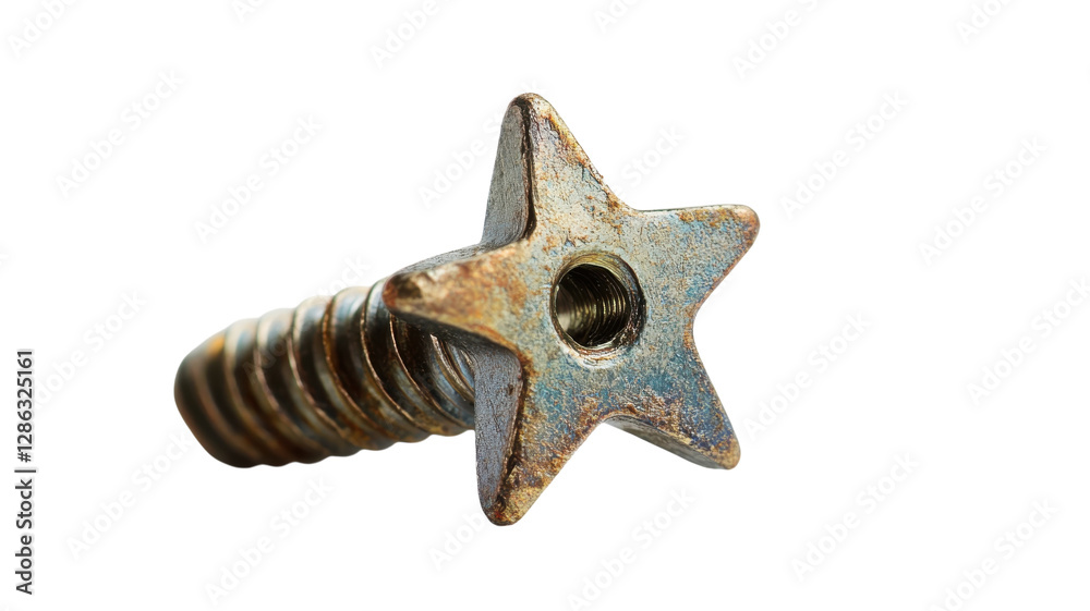 Metal star-shaped screw resting on a neutral background showcasing its unique design and texture in close-up