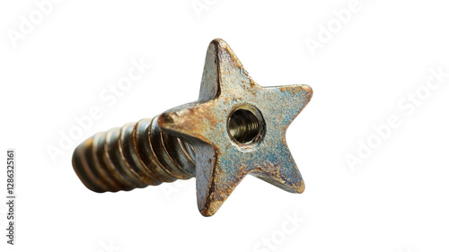 Obraz na płótnie Metal star-shaped screw resting on a neutral background showcasing its unique design and texture in close-up w salonie