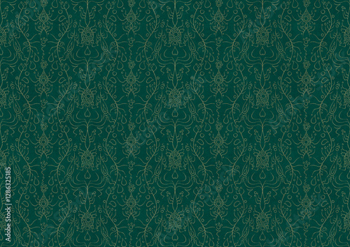Hand-drawn unique abstract symmetrical seamless gold ornament on a dark cold green background. Paper texture. Digital artwork, A4. (pattern: p13-1c)