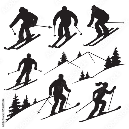 set of black vector various skiers silhouettes