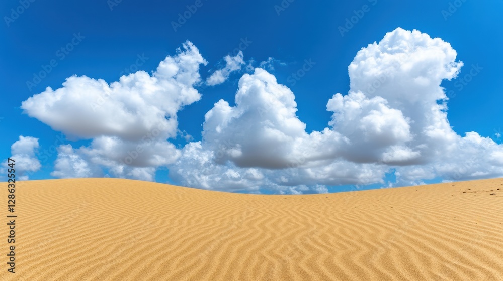Expansive desert landscape under a vibrant blue sky dotted with fluffy white cumulus clouds. Golden sand dunes ripple gently in the wind, creating a Expansive desert landscape under a vibrant blue sky dotted with fluffy white cumulus clouds. Golden sand dunes ripple gently in the wind, creating a