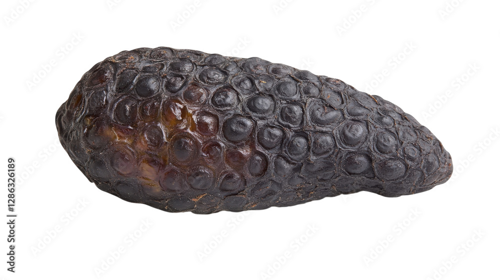 Unique black tropical fruit displayed on a clean surface with an interesting texture, capturing attention with its unusual shape and color