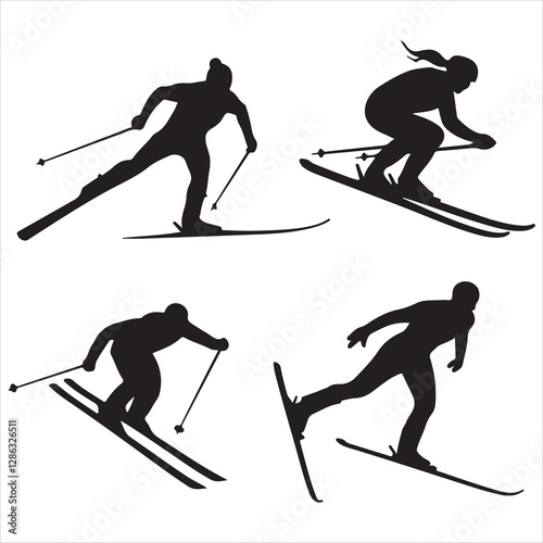 set of black vector various skiers silhouettes