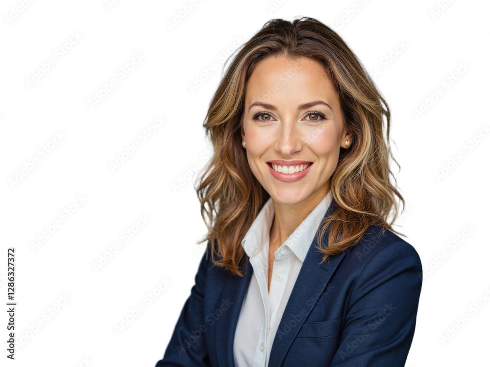 A professional woman wearing a dark suit and white shirt stands in an office setting against a transparent background A professional woman wearing a dark suit and white shirt stands in an office setting against a transparent background