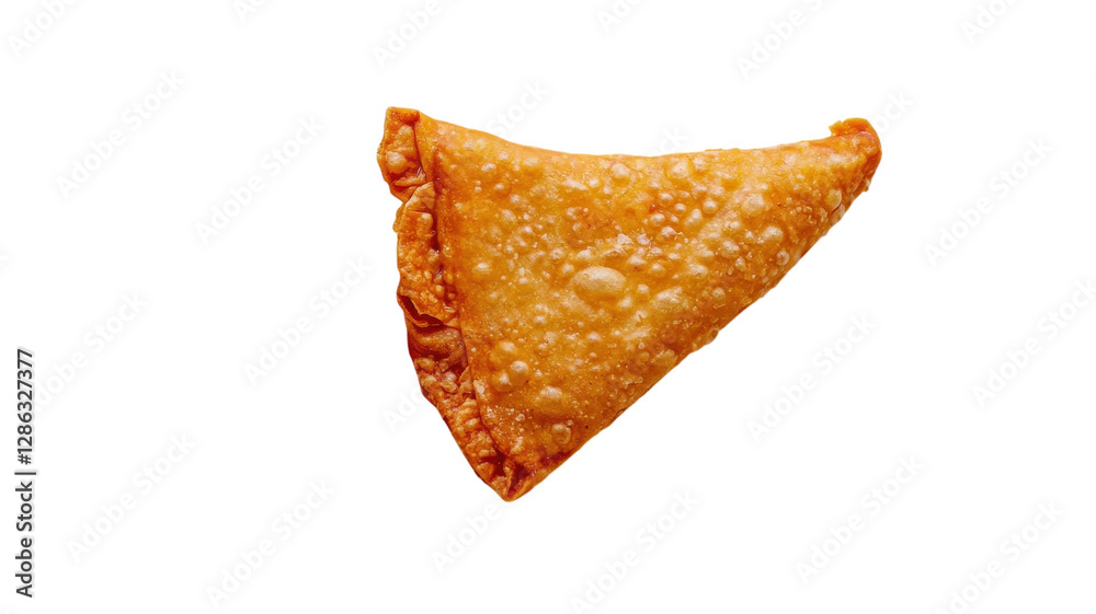 Crispy triangle-shaped pastry with golden brown crust served on a white background