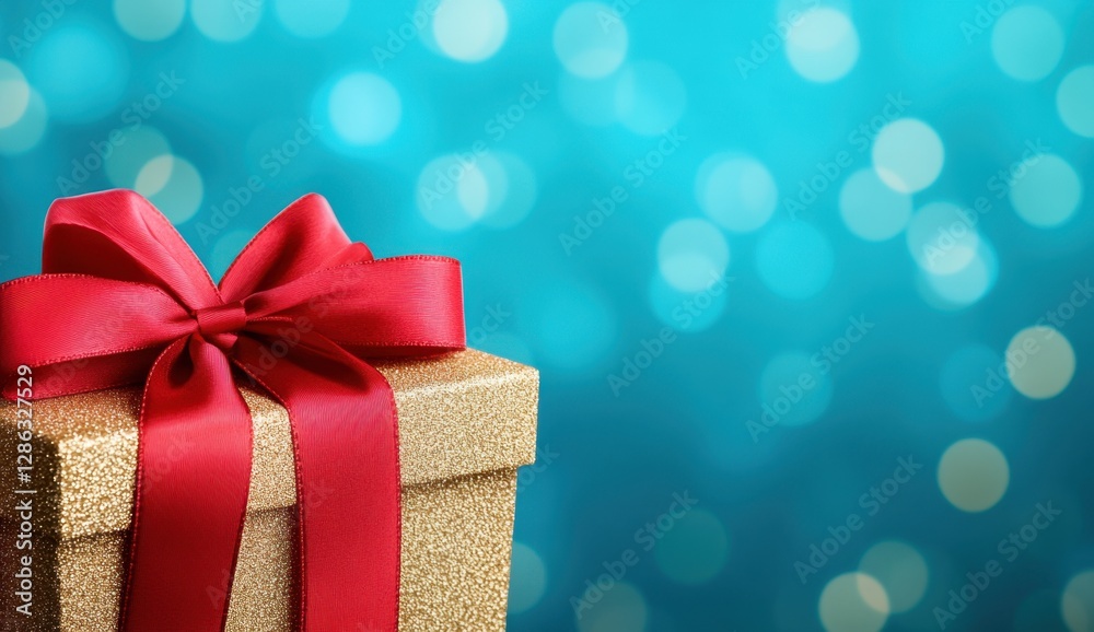 Fototapeta premium Gold gift box with red ribbon against a teal bokeh background. Festive and celebratory mood