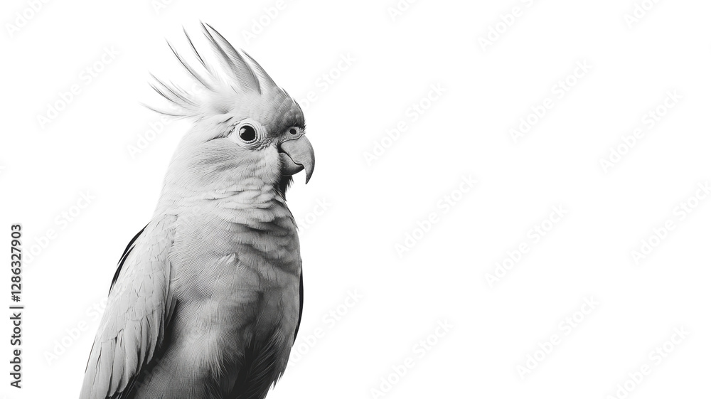 White cockatoo standing against a plain backdrop showcasing its vibrant crest and curious expression in bright lighting