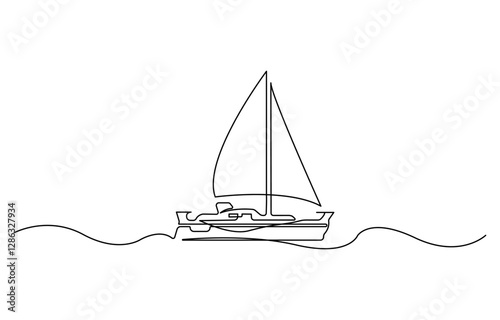 Sailboat continuous one line icon drawing on white background, Sea boat vector illustration in doodle style, one line drawing outline vector art illustration
