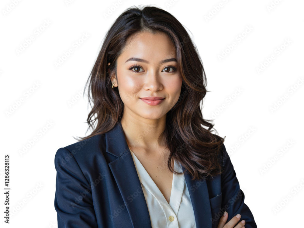 A professional woman wearing a navy blue blazer and white button-down shirt stands against a transparent background A professional woman wearing a navy blue blazer and white button-down shirt stands against a transparent background