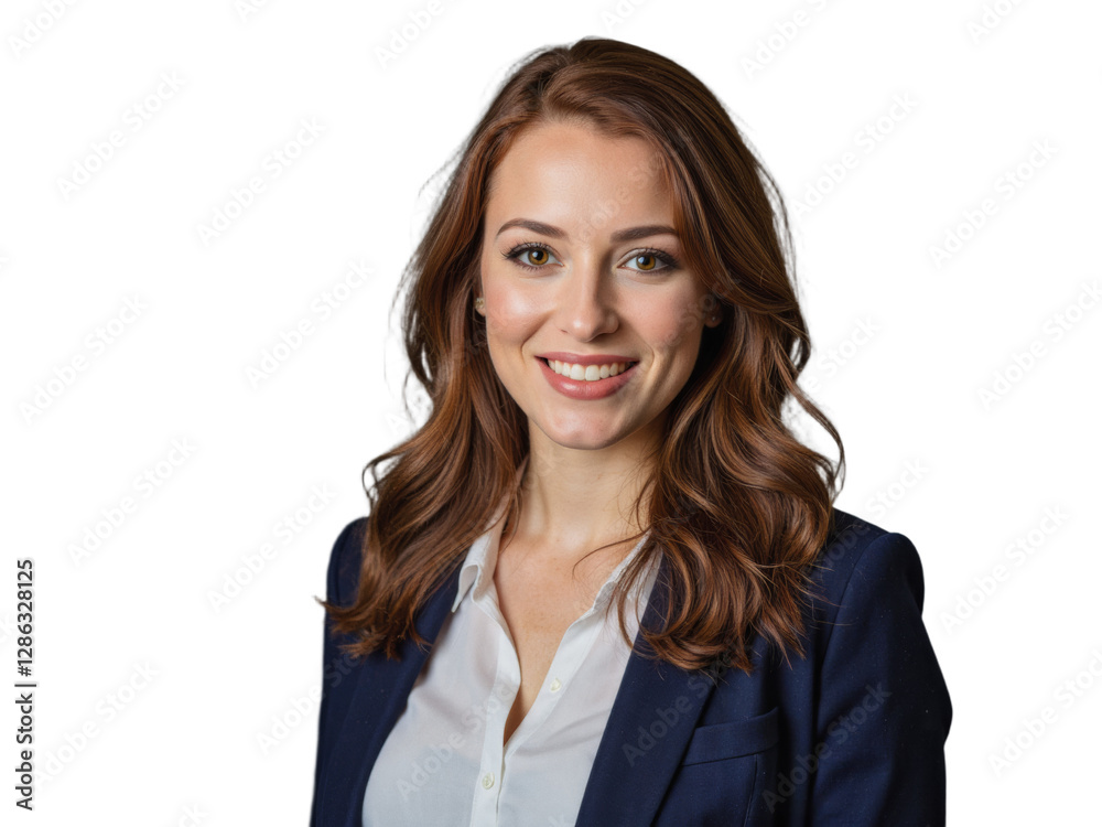 A portrait of a professional woman wearing a navy blue blazer and white blouse, standing against a transparent background A portrait of a professional woman wearing a navy blue blazer and white blouse, standing against a transparent background