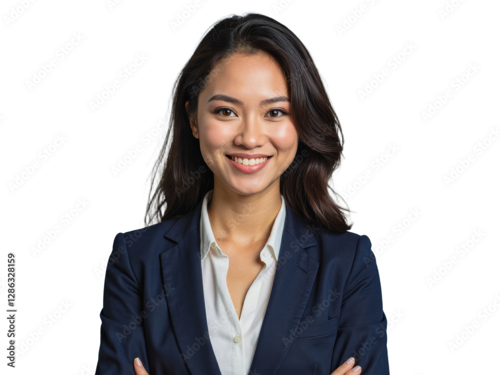 A confident businesswoman with long dark hair in a professional navy blue blazer and white collared shirt, standing against a transparent background A confident businesswoman with long dark hair in a professional navy blue blazer and white collared shirt, standing against a transparent background
