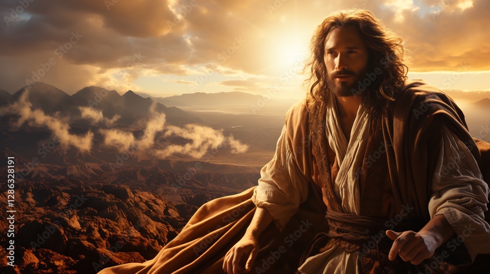 Man in Robe Sits on Mountain Top Under Golden Sunset Light with Open Arms Man in Robe Sits on Mountain Top Under Golden Sunset Light with Open Arms