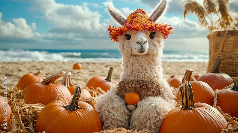 Obraz premium A plush llama styled as a scarecrow sitting in a pumpkin patch on beach background