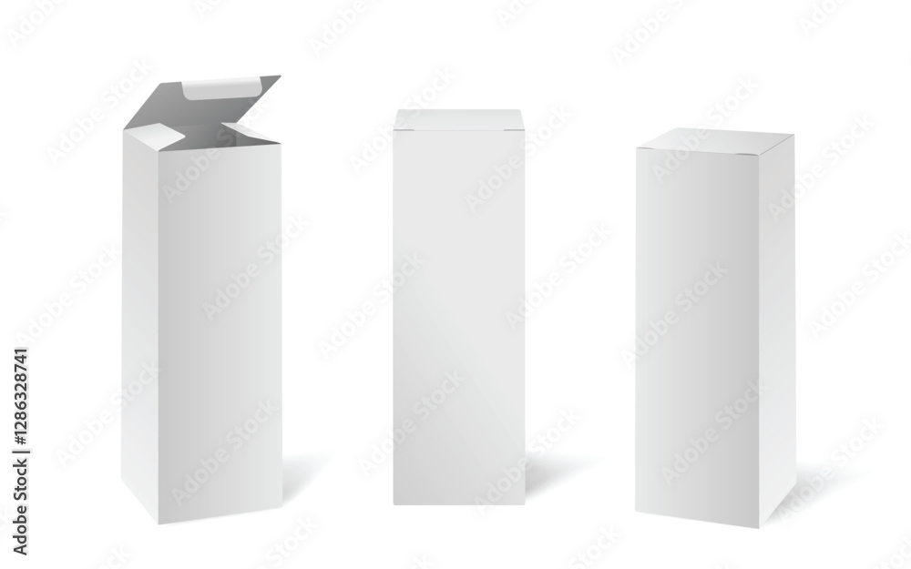 High white cardboard box mockup. Set of realistic vertical tall cardboard rectangular cosmetic or medical packaging, paper boxes. Vector 3D illustration isolated collection High white cardboard box mockup. Set of realistic vertical tall cardboard rectangular cosmetic or medical packaging, paper boxes. Vector 3D illustration isolated collection