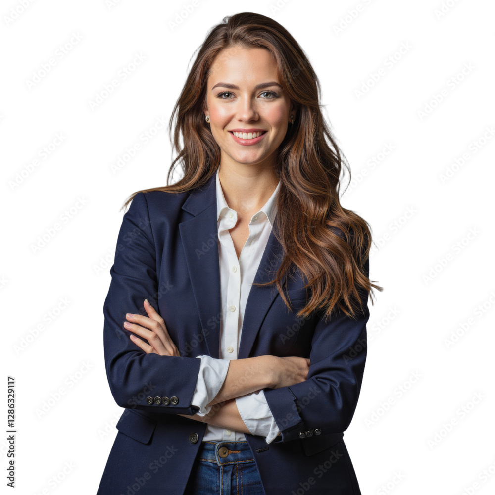 A smiling young woman with dark wavy hair, wearing a navy blue blazer over a white button-up shirt, stands with her arms crossed in front of a neutral transparent backdrop. A smiling young woman with dark wavy hair, wearing a navy blue blazer over a white button-up shirt, stands with her arms crossed in front of a neutral transparent backdrop.