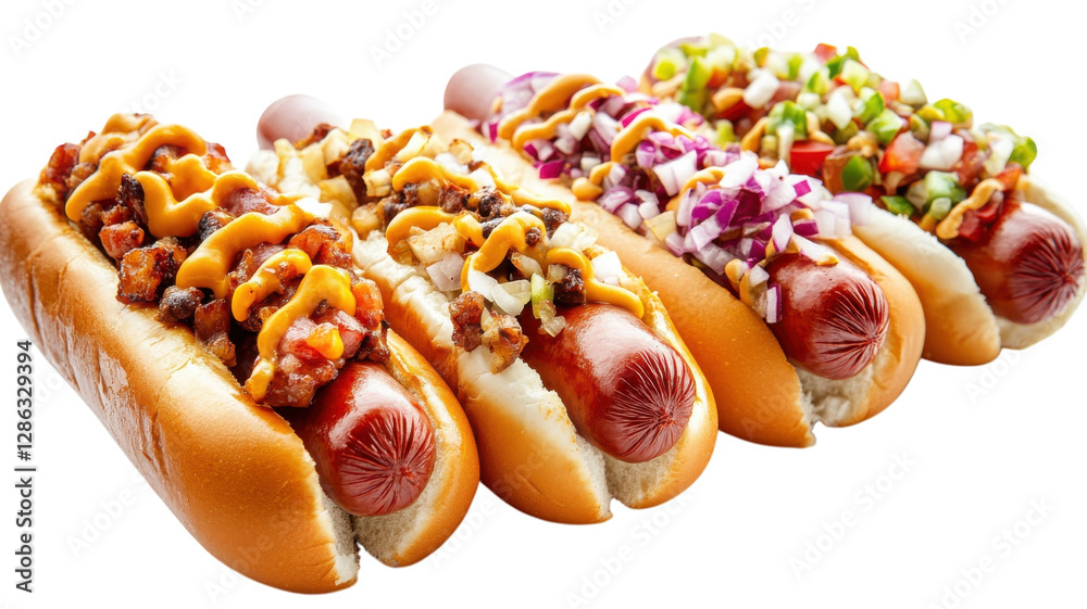 Delicious hot dogs with various toppings arranged neatly on a white background