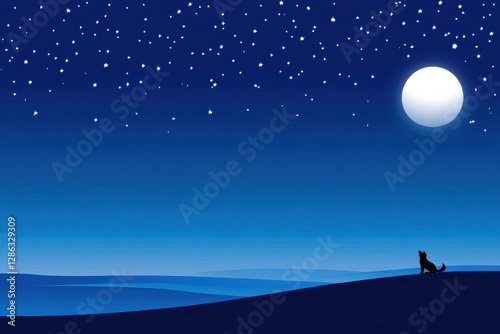 Night Sky with Moon and Stars Over Serene Landscape with Dog