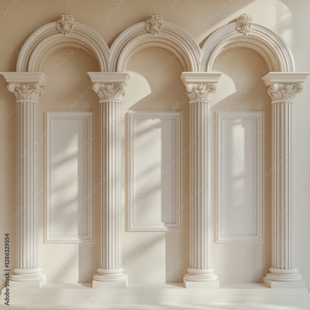 Three arches supported by four columns with white frames Three arches supported by four columns with white frames