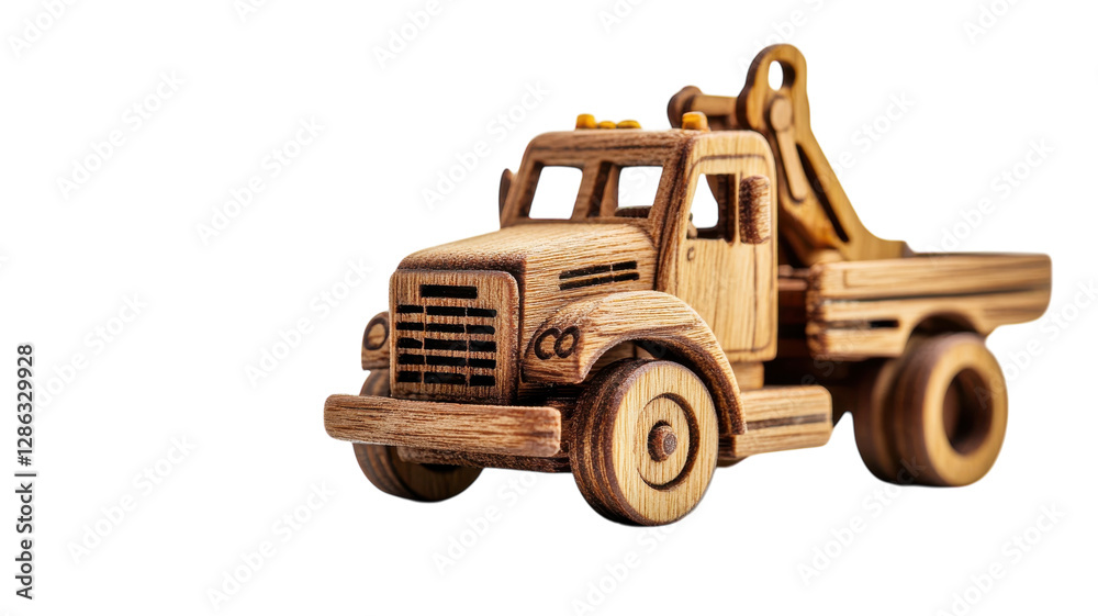 Unique handcrafted wooden tow truck model with intricate details and smooth finish, perfect for display or play