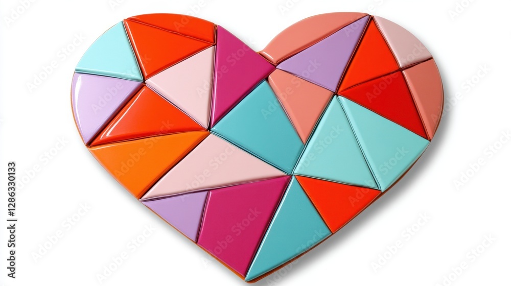 Obraz premium Geometric heart mosaic in vibrant orange, pink, purple, and teal triangles. A playful and modern design, perfect for Valentine's Day or romantic