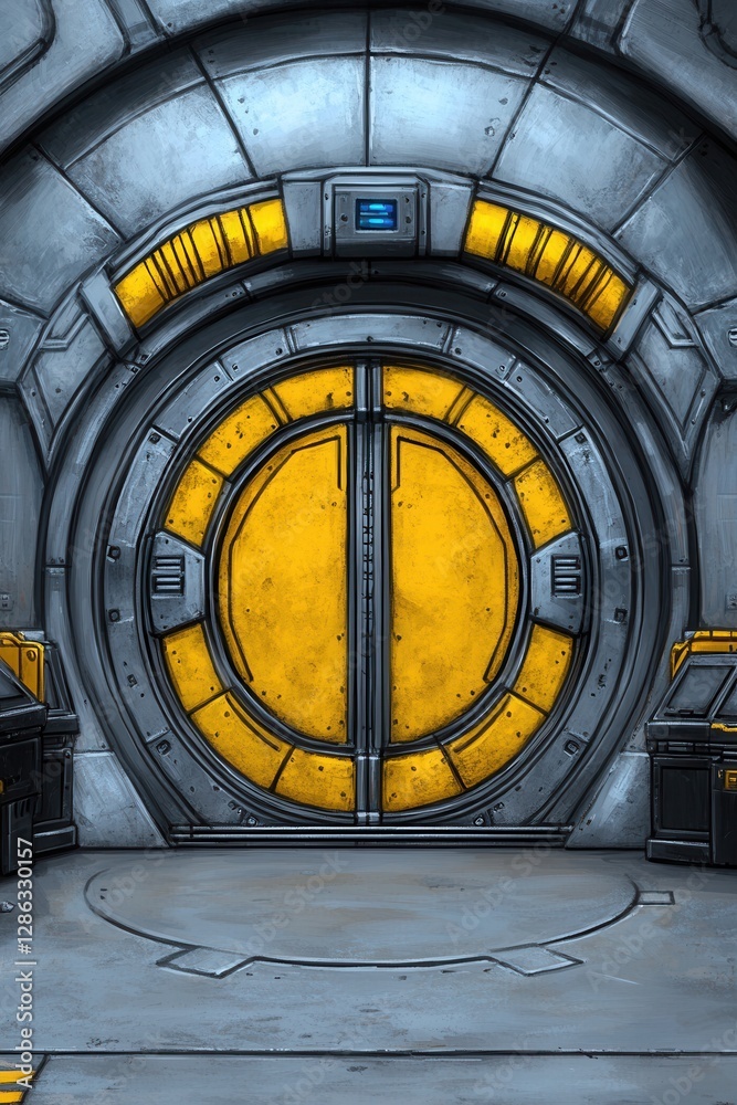 Obraz premium Futuristic metallic doorway with a large circular yellow door, set against a grey industrial background. Grey containers flank the entrance. The