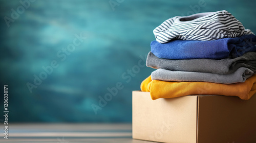 Gently worn baby clothes stacked neatly in an open box, ready to be donated to a family in need. photo