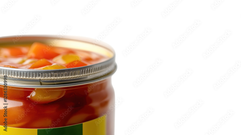Colorful jar of assorted fruits in syrup on white background showcasing freshness and vibrant flavors from local orchards
