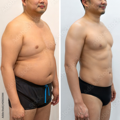 Weight Loss Injections Before and After Photos of an Asian Man Wearing Black Bathing Suit, Closeup Shot Front view, GLP-1 Medication