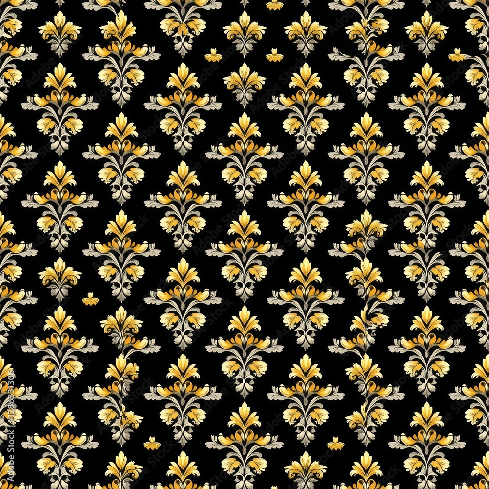 Elegant floral pattern in gold and white on deep black background. Elegant floral pattern in gold and white on deep black background.