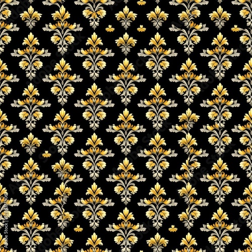 Elegant floral pattern in gold and white on deep black background.