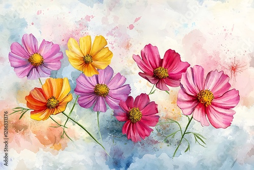 Vibrant cosmos flowers in a watercolor style for versatile design use.