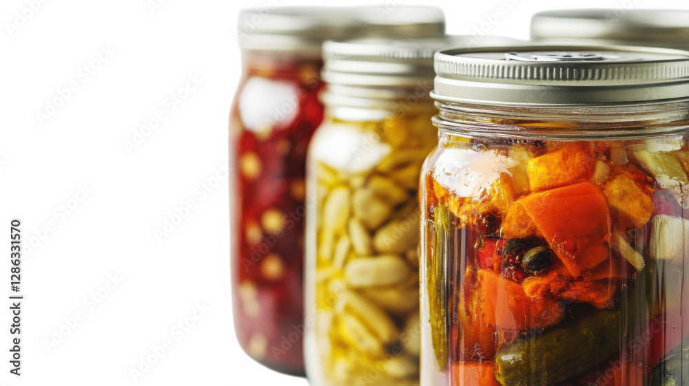 Colorful jars filled with pickled vegetables and preserved foods on a white background