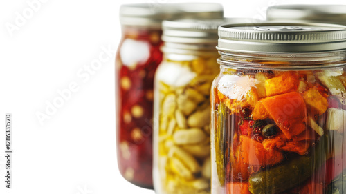 Colorful jars filled with pickled vegetables and preserved foods on a white background