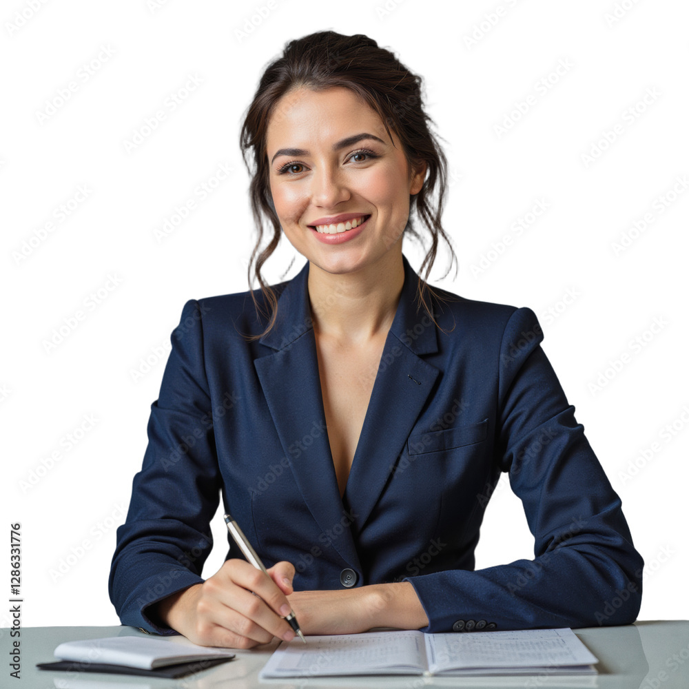 A beautiful professional woman sits at a table, wearing a dark blue suit, smiling as she writes in a notebook.