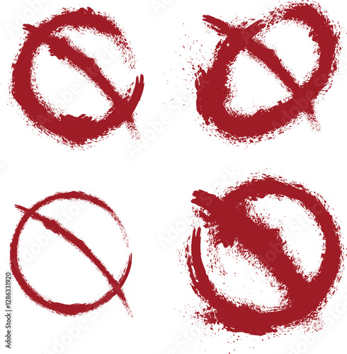 Prohibition sign brush drawing, set of icons STOP in spray style, splashes. Vector design red prohibition sign hand drawing