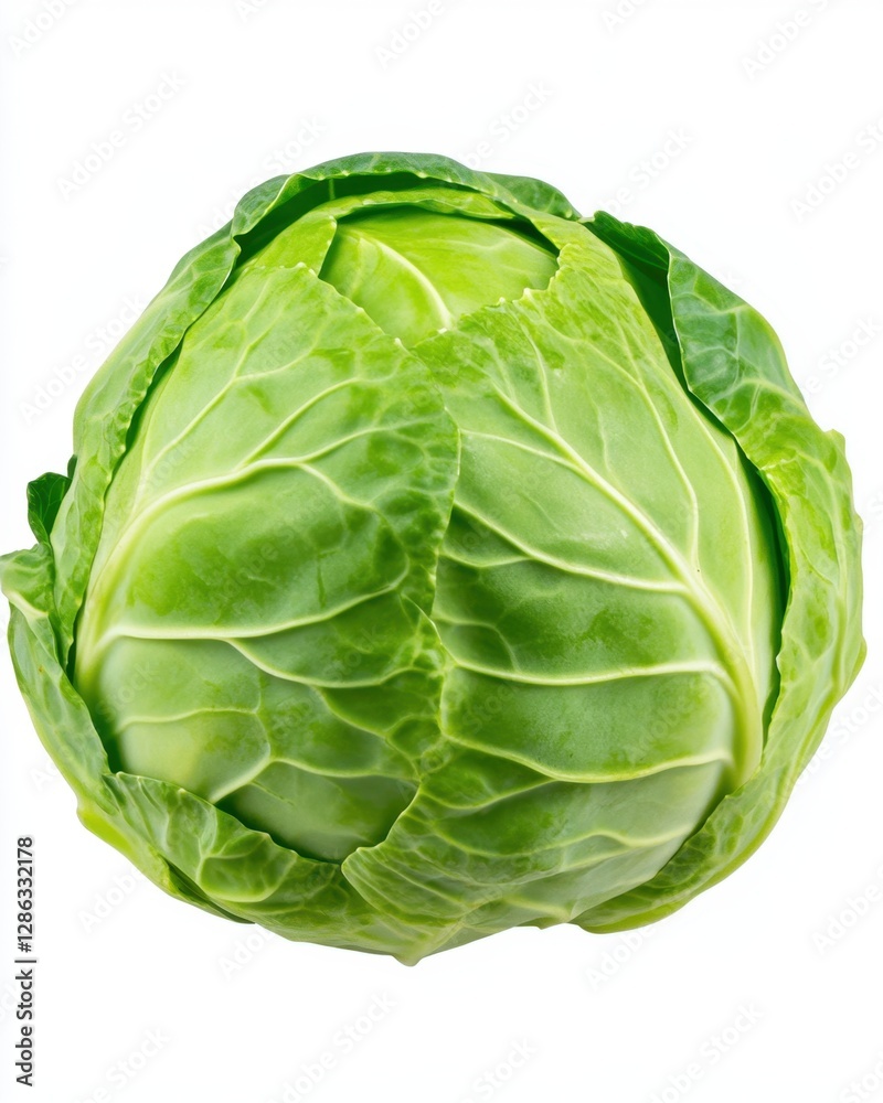 Fototapeta premium Fresh green cabbage, vibrant color, round shape, healthy and crisp, detailed texture, close up view against white background. Perfect for healthy