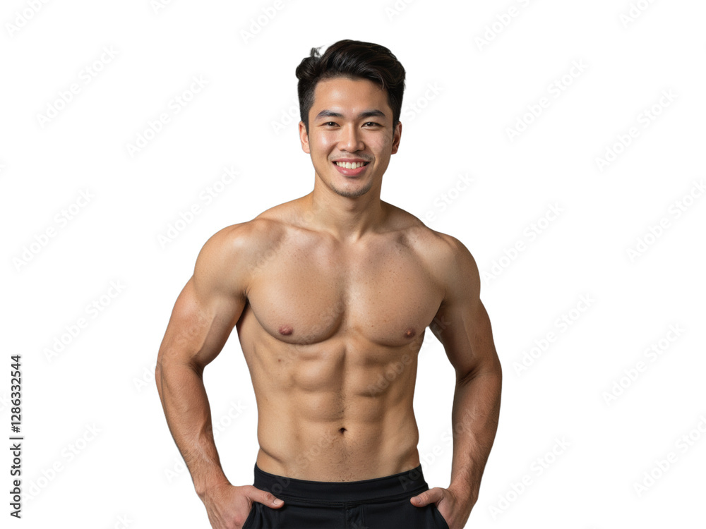 Fototapeta premium A shirtless man with muscular physique in black shorts stands against a transparent background