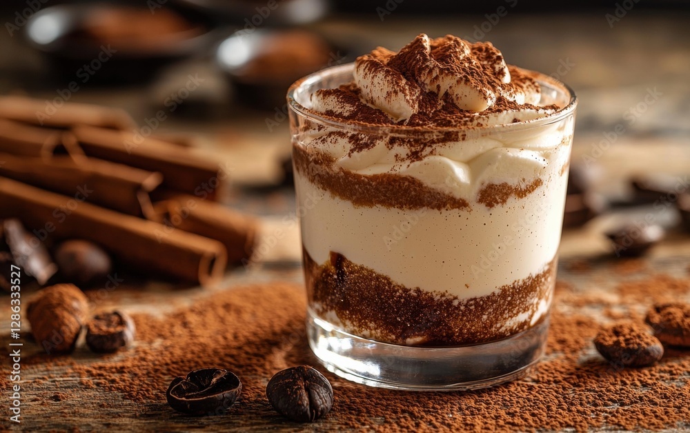 Professional stock photo of a Creamy tiramisu dessert in a glass with cocoa powder dusting Professional stock photo of a Creamy tiramisu dessert in a glass with cocoa powder dusting