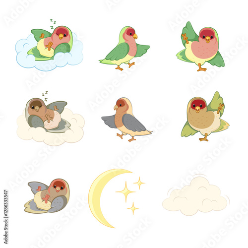 Birds. Parrots, collection, colorful, bright, funny characters. Sleeps on a cloud, flaps a wing, goes.
