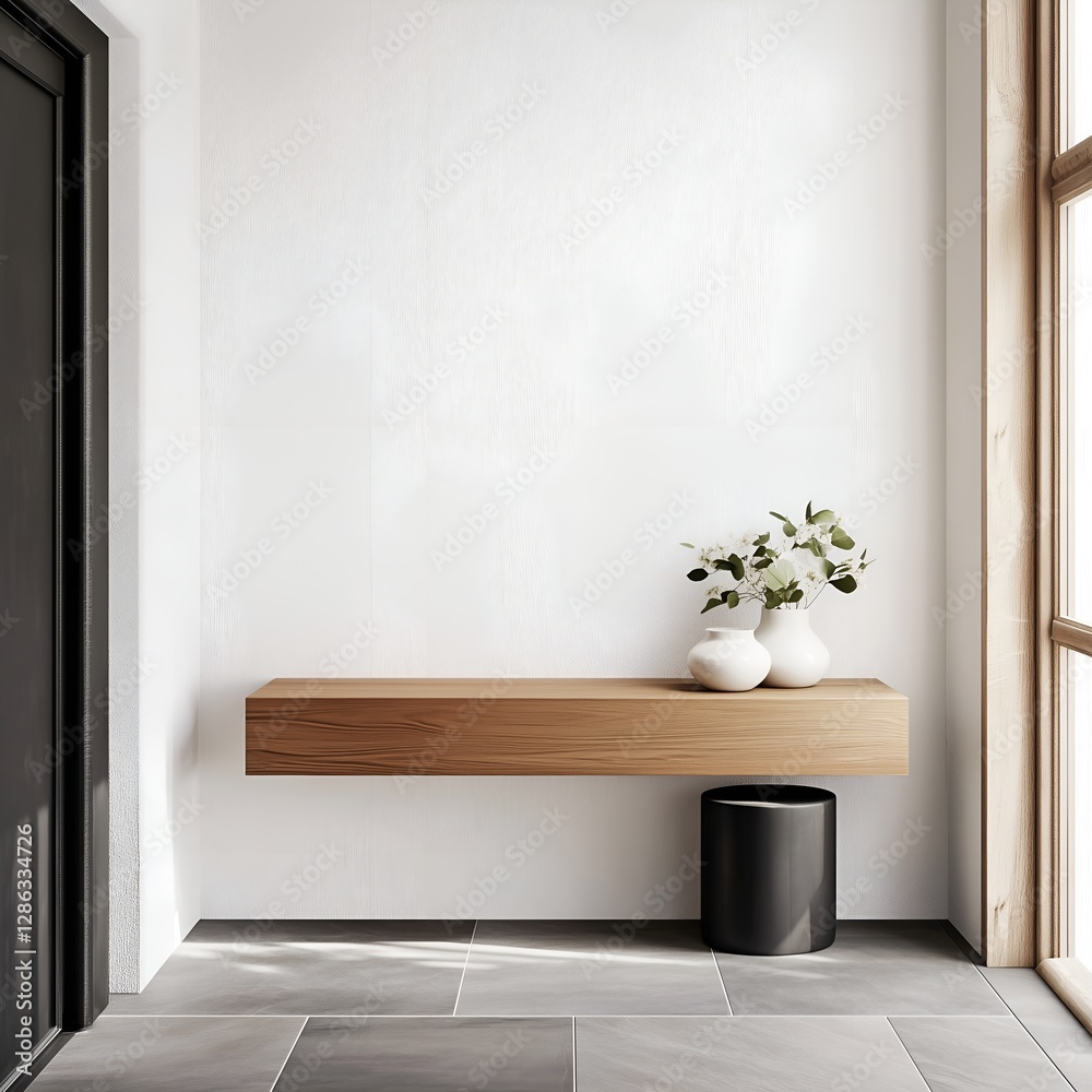Fototapeta premium Minimalist entryway with floating wooden console and decorative vases. Ideal for interior design mockup and advertisement. Generative AI.