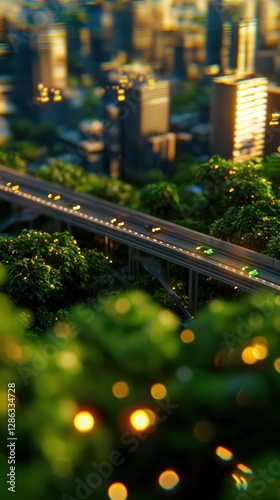 Aerial View of Urban Highway Surrounded by Lush Greenery and City Buildings at Sunset photo