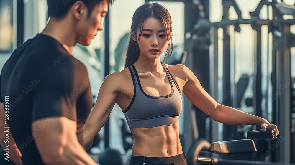 Fototapeta premium フィットネスジムでトレーニングに励む若い女性
