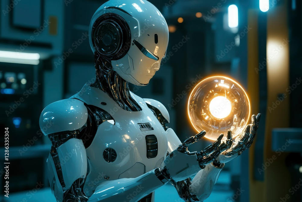 Fototapeta premium A robot holding a glowing orb of light, standing in a dimly lit futuristic lab