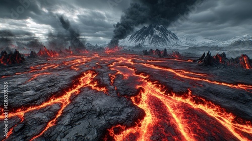 Volcanic landscape with flowing lava streams, dark volcanic rock formations, and a snow capped volcano erupting in the background under a dramatic