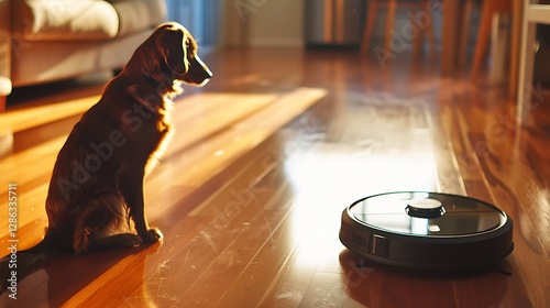 A robotic vacuum in a modern home with a pet curiously observing it.

 photo