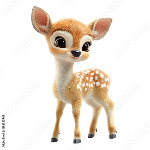 Fluffy 3D Cartoon Deer Fawn with Soft Spotted Fur and White Face Spot Isolated on Transparent Background