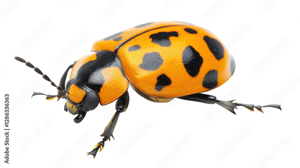 Bright orange and black beetle crawling across a white surface in a well-lit environment