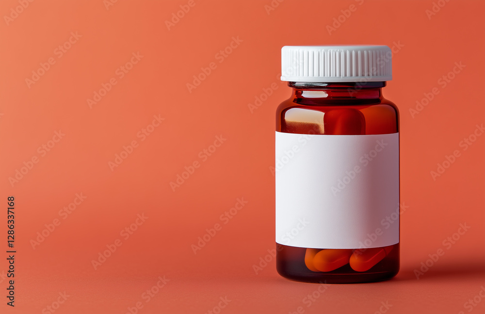 Obraz premium Blank amber glass pill can with white label mockup, isolated. Empty transparent bottle with medical capsule for treatment mock up, front view. Clear antibiotic or aspirin pills mokcup tempalate.